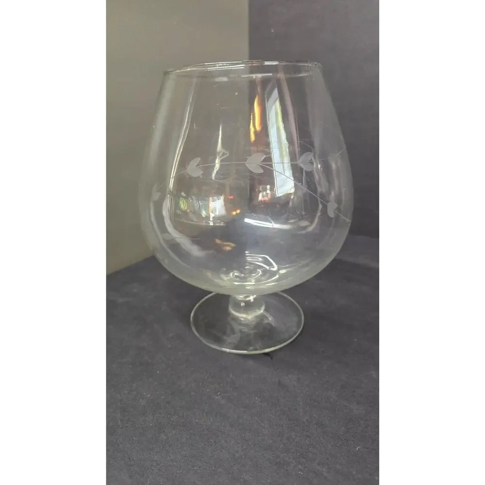 Vintage Princess House Large Snifter Glass Etched Leaf Vine Pattern Decorative